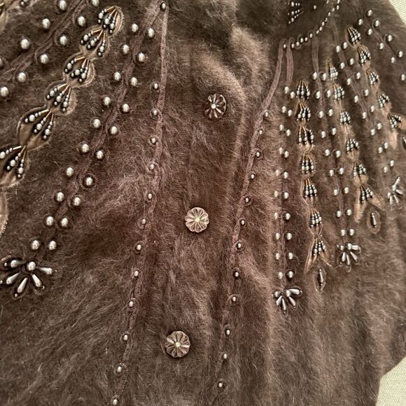 𝅺Vintage Angora Cardigan Sweater Medium Super Soft Fluffy Brown Womens Beaded - Picture 8 of 11